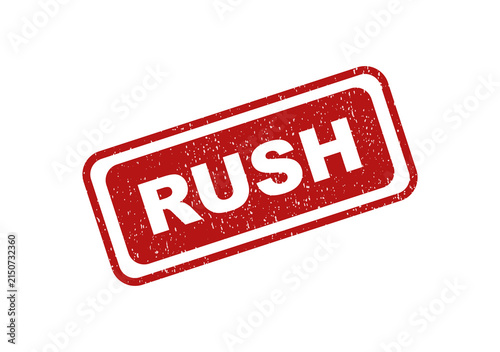 Red rubber stamp with the word rush in a distressed grunge style