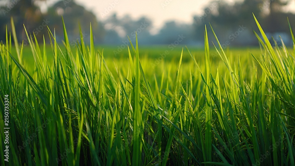 Obraz premium Sunlit Green Rice Field Grass Close Up in Countryside