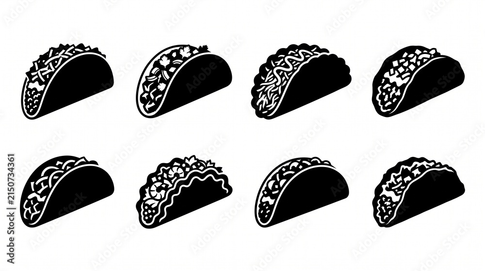 Obraz premium Eight stylized taco silhouettes arranged neatly, showcasing diverse shell and filling designs.