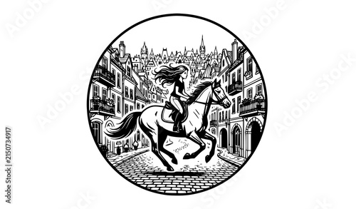 Young Horse Rider in Historic City Street Outline Vector Illustration