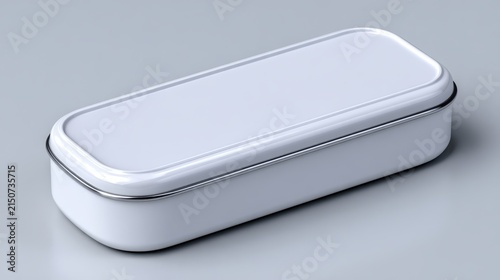 White empty tin box with open lid on gray background, storage case container and packaging mockup concept