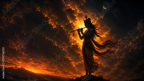 Silhouette of traditional divine deity playing flute against sunset sky