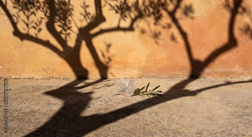 White dove figurine with an olive branch casts long shadows on a rustic orange wall, symbolizing peace and hope under warm sunlight.