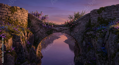 Ancient stone bridge with handshake and justice scales carvings, adorned with colorful flowers at sunset