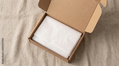 Blank brown kraft paper box mockup open on beige linen cloth top view