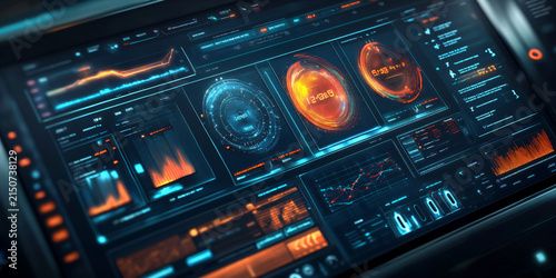 Futuristic interactive digital dashboard with advanced data visualization and touch control interface for campaign management