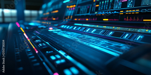 Futuristic digital control console with glowing blue and orange lights in a high-tech facility