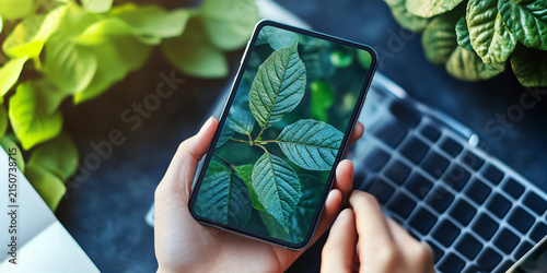 Hand holding mobile phone displaying vibrant green leaves on screen in office with plant ambiance and interactive digital tracking