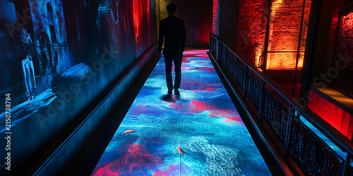 A Man Walking Along an Interactive Corridor with Digital Floor Projections of Swirling Water and Glowing Fish