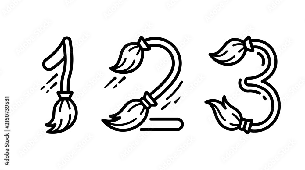 Obraz premium Whimsical numbers 1 3 shaped like magic sweeping brooms for wizardry concepts with wizardry illustration numerals collection creative isolated minimalist character typography whimsical