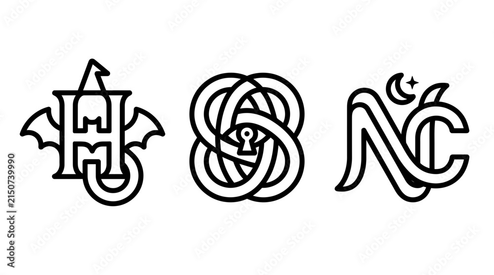 Fototapeta premium Collection of decorative line art monogram icons with occult gothic influences including bat wings and mystical knots monogram mystical crescent mysterious esoteric decorative illustration