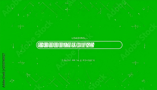 Futuristic Green Screen Loading Bar with Glitch Effect and Abstract Geometric Shapes Overlay for Digital Interface and UI Design