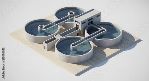 Modern Circular Water Treatment Plant Complex on Wooden Base