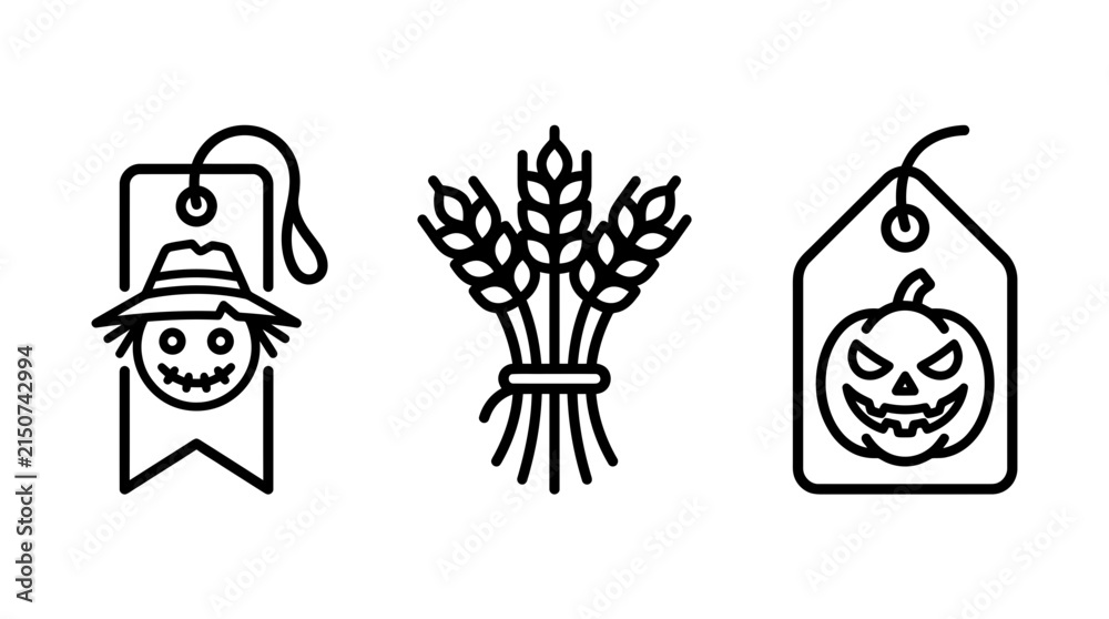 Fototapeta premium Autumn harvest and halloween celebration symbols with halloween scarecrow jackolantern illustration collection minimalist agriculture celebration traditional vegetable seasonal festivity