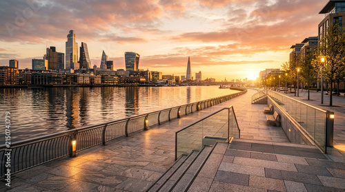 London skyline at sunrise over Thames river walkway with modern architecture