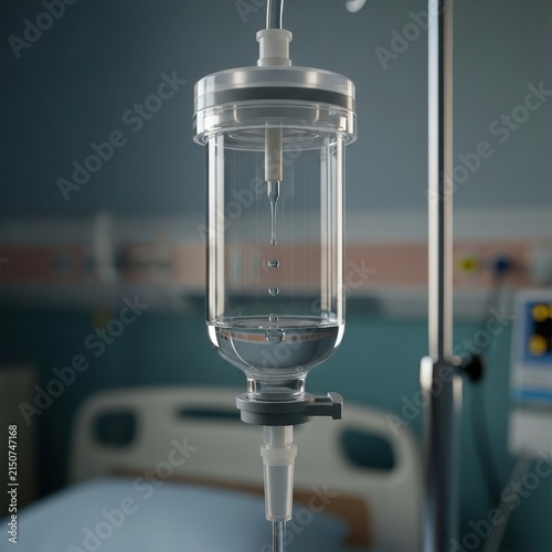 Close-up of an intravenous IV drip bag delivering fluid in a hospital room setting
