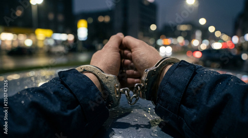Manacled hands outdoors at night, city lights blurred background, arrest concept