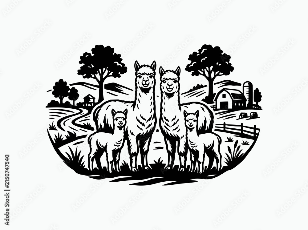 Naklejka premium Black and white illustration of alpacas on a farm in linocut style