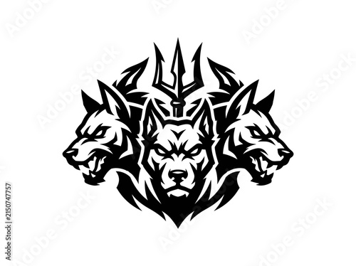 Fierce Three-Headed Wolf Mascot Logo with Trident - Black and White Vector Emblem for Esports Gaming