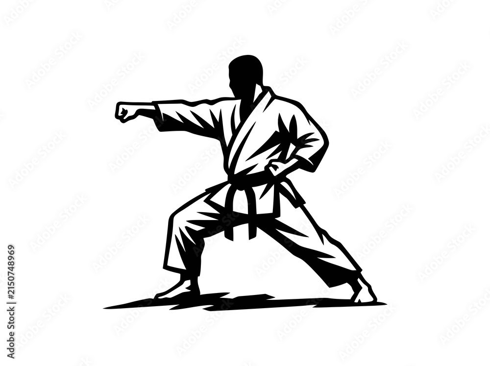 Fototapeta premium Karateka Martial Artist Punch Stance Stylized Woodcut Black and White Graphic Vector