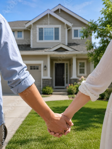 A happy young couple smiling proudly while holding house keys in front of their newly purchased modern home, real estate and new beginning concept