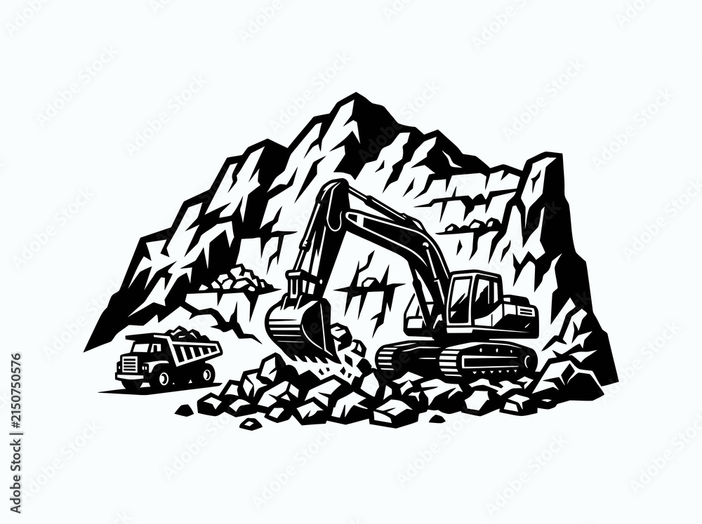Obraz premium Black and White Line Art of Excavator and Dump Truck in Quarry