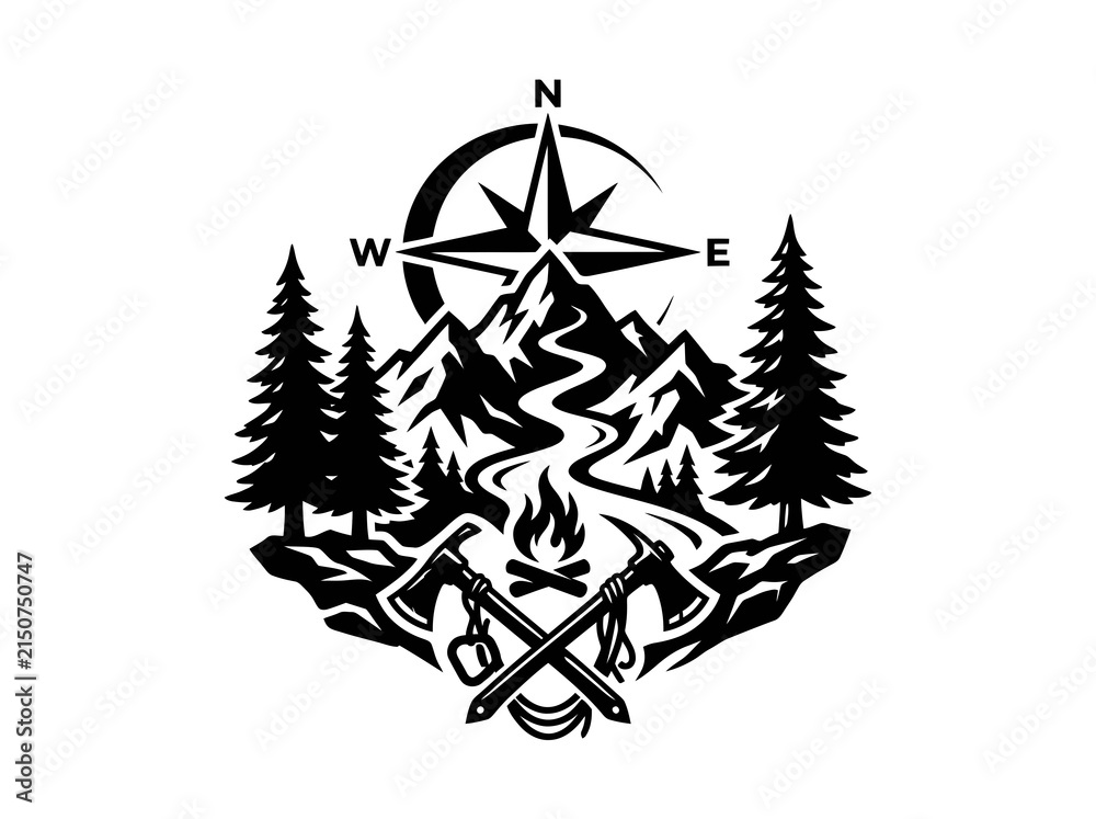 Obraz premium Outdoor Adventure Mountain Forest Compass Campfire Axes Emblem - Monochrome Silhouette Vector Graphic