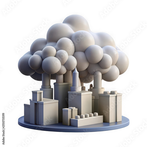 3D industrial factory model emitting heavy smoke cloud isolated on white background