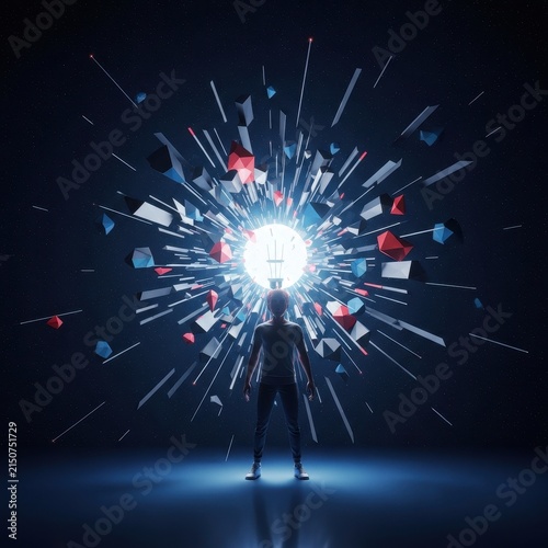 Figure silhouetted against a radiant geometric explosion of light and fragmented shapes