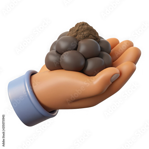 Hand holding organic seeds and fertile ground soil 3D render isolated on a pure white background