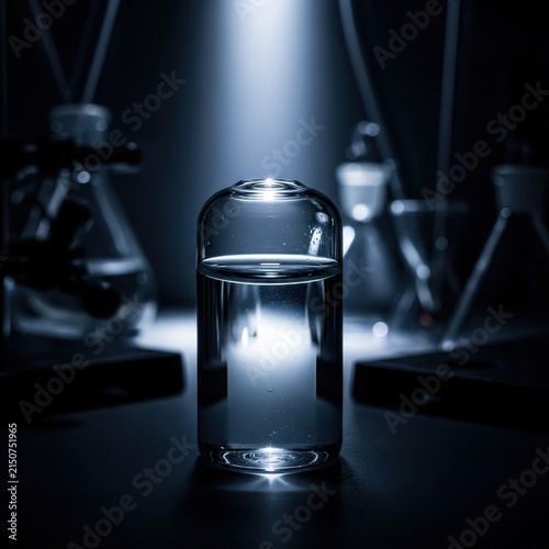 Glass vial filled with clear liquid illuminated in a dimly lit laboratory setting with scientific equipment