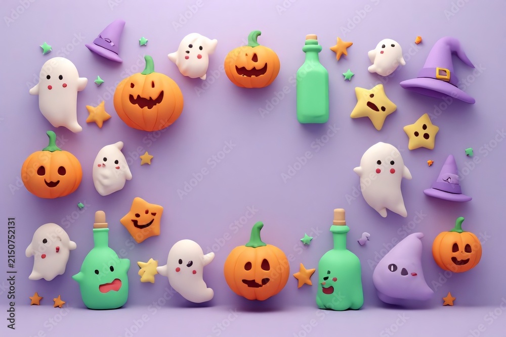 Obraz premium ia generated top view frame layout of cute plasticine halloween clay figures, including pumpkins, ghosts, witch hats, and potions on a purple background. Spooky claymation copy space mockup.