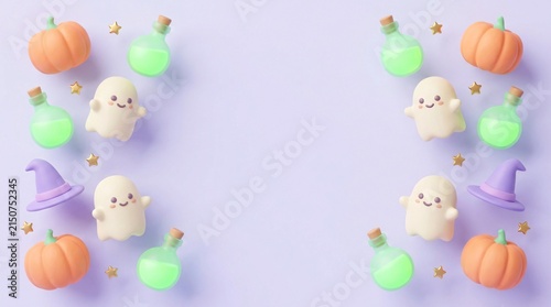 ia generated top view frame layout of cute plasticine halloween clay figures, including pumpkins, ghosts, witch hats, and potions on a purple background. Spooky claymation copy space mockup.