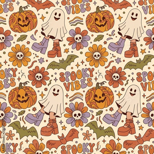 ia generated seamless pattern of cute halloween doodle illustration with jack-o-lantern pumpkins, friendly ghosts, bats, and flowers on beige background. Festive seasonal pattern design.