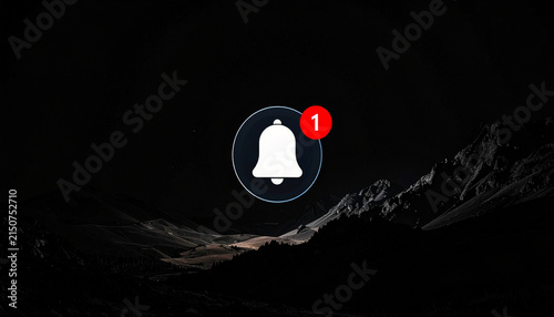 Notification bell icon with a number one alert over a dark mountain landscape background, digital design