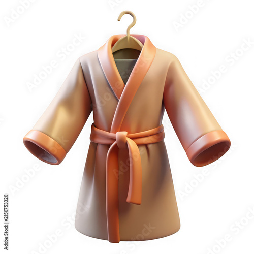 3D Render of a Comfortable Beige Spa Bathrobe with Orange Trim Hanging on a Wooden Hanger