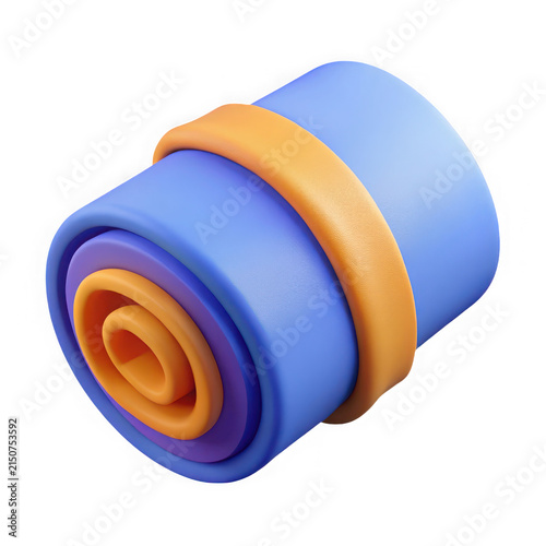 Vibrant 3D Render of a Rolled Blue Exercise Mat Secured with an Orange Strap, Isolated on Pure White Background for Fitness and Wellness Concepts