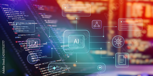 Generative AI and prompt engineering concept. Futuristic artificial intelligence UI with prompt input bar and multimodal content generation nodes over coding background.
