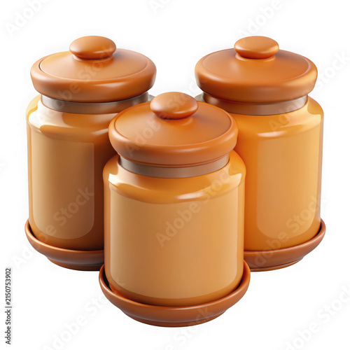 Three 3D storybook style orange ceramic jars with lids isolated on pure white background