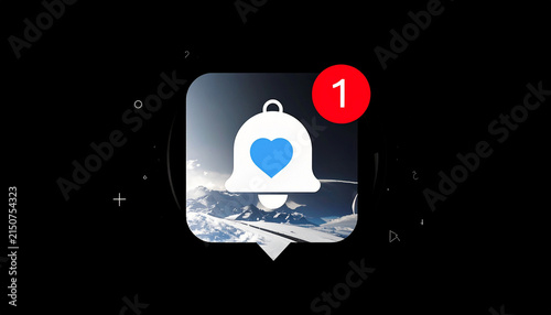 Notification Bell Icon with a Blue Heart and a Red Circle Alert Number 1 on a Snowy Mountain Landscape Background