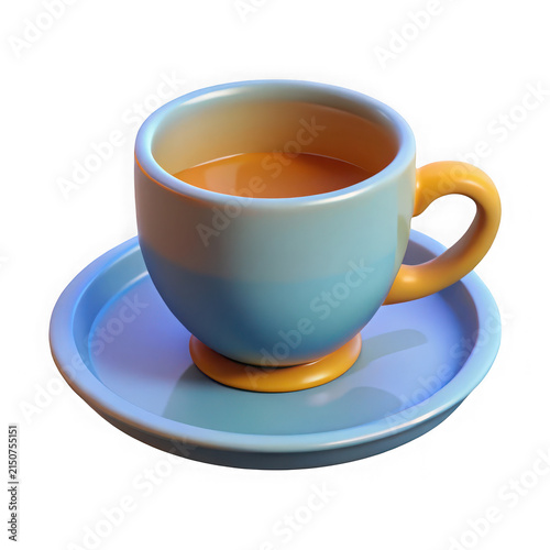 3D render of a blue coffee cup and saucer with warm tea isolated on white background