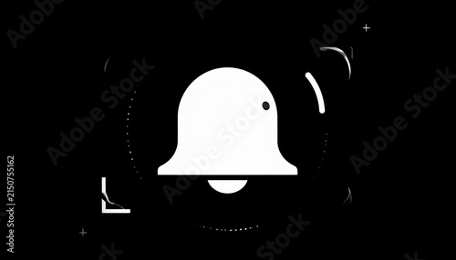 Modern White Bell Icon with Subtle Glitch Effects and Geometric Accents on a Dark Black Background