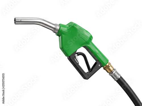 Green Gasoline Fuel Nozzle with Black Hose Isolated on White Background