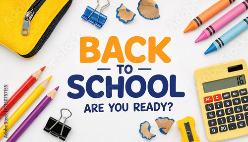 Colorful back to school supplies arranged with crayons calculator and pencil case on white surface