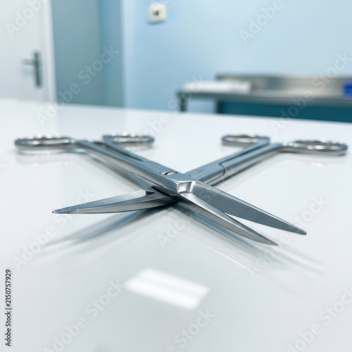 Pair of Gleaming Surgical Scissors Crossed on a Sterile White Surface in a Medical Setting