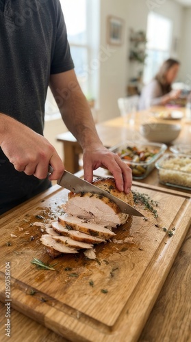 A masterfully carved succulent roasted poultry dish presented on a rustic wooden board