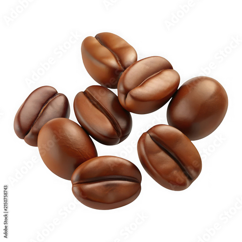 Group of dark roasted coffee beans in layout isolated on pure white background for cafe branding