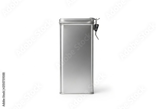 Tall rectangular silver metal tin with latch on white background