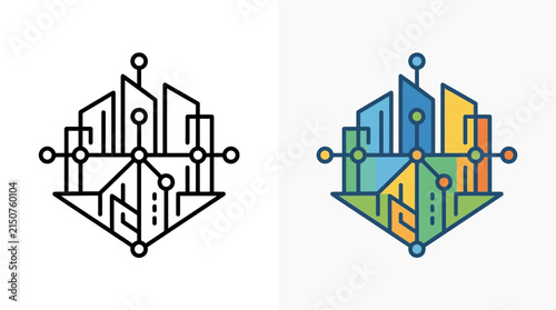 Modern tech cityscape circuit board graphic icon set