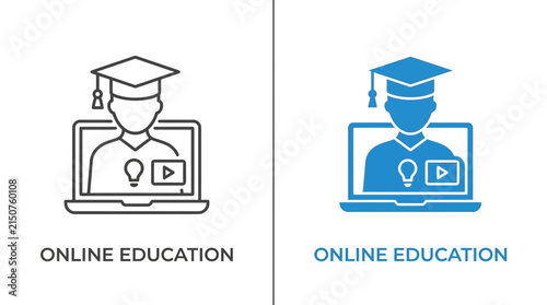 Online Education Icon: Graduation Cap Student on Laptop Screen, e-Learning Concept